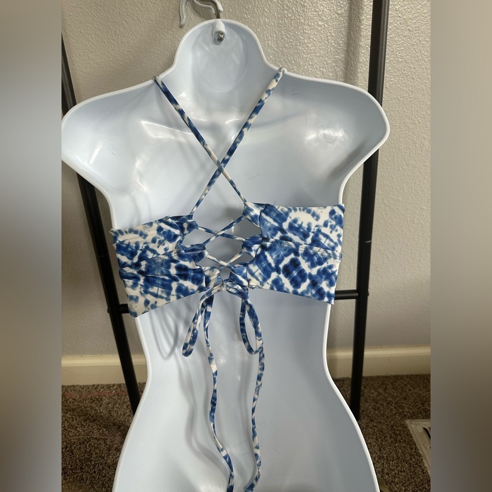 Splendid Blue and White Tie Dye Lace Up Bikini Top - Picture 9 of 9